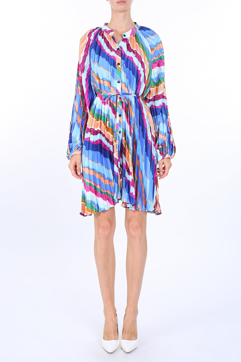 Penelope Abstract Print Pleat Belted Mini Dress - Shop Beulah Style