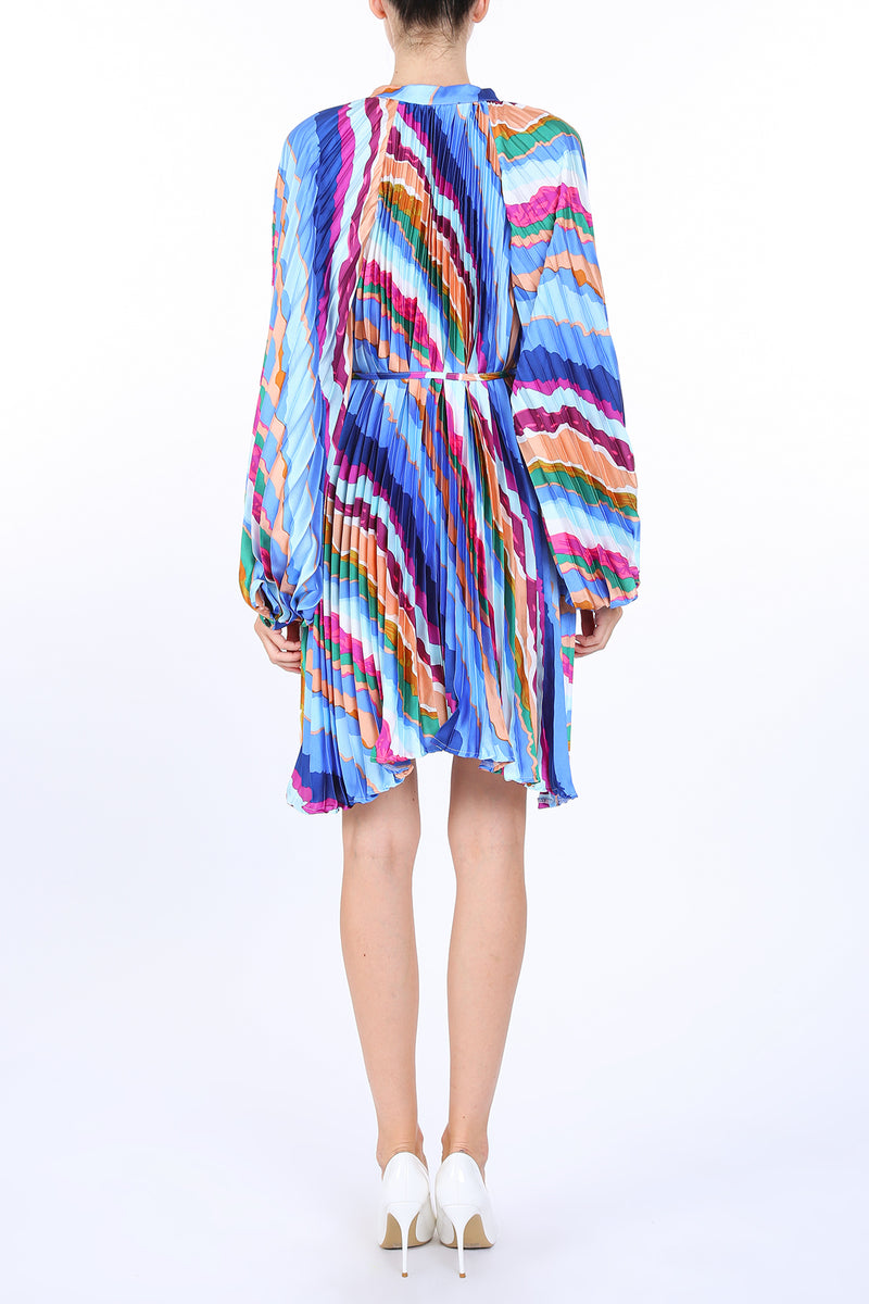 Penelope Abstract Print Pleat Belted Mini Dress