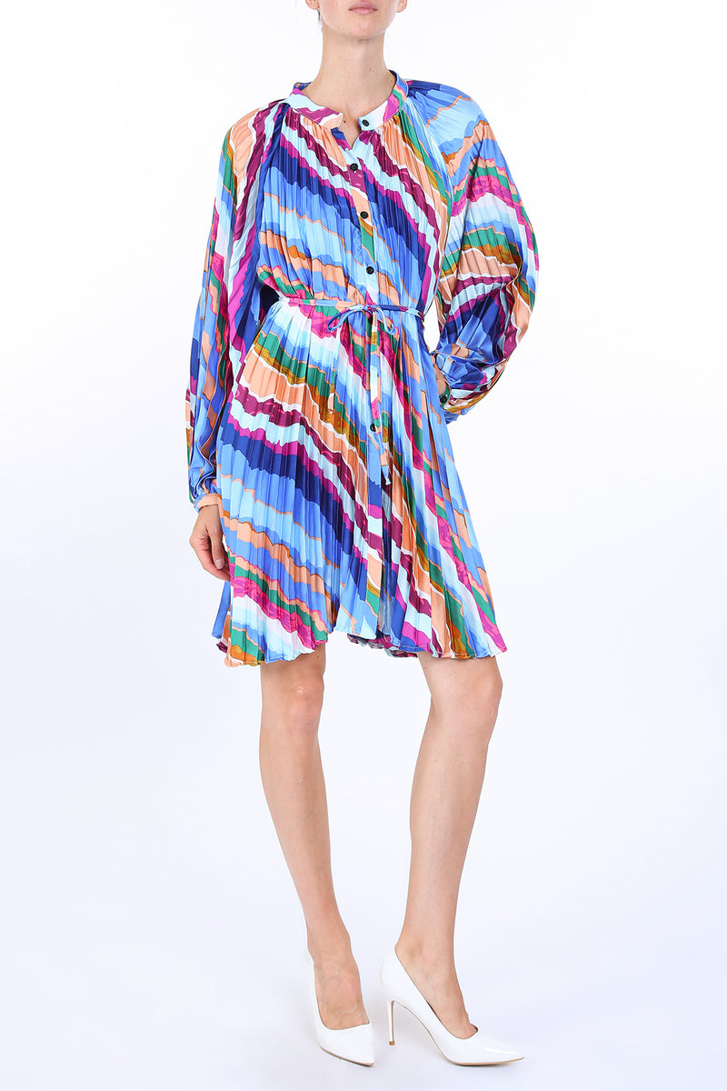 Penelope Abstract Print Pleat Belted Mini Dress - Shop Beulah Style