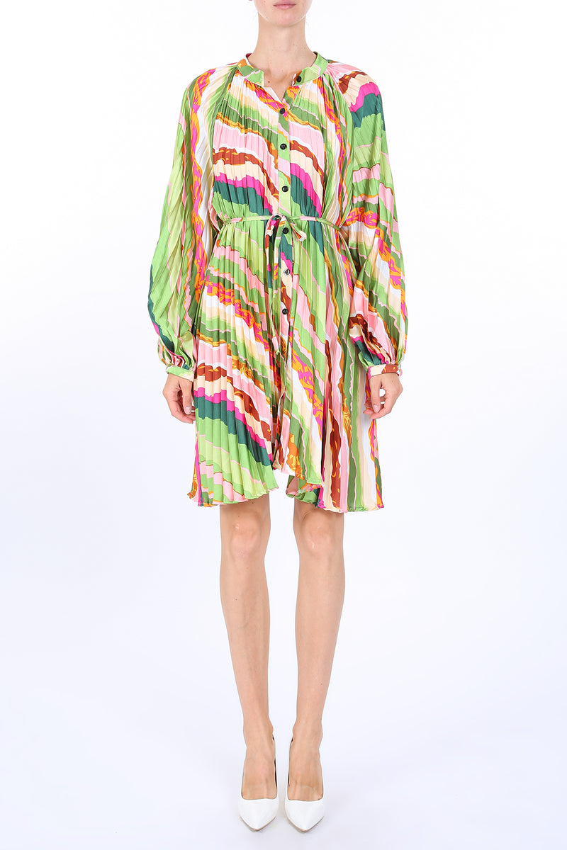 Penelope Abstract Print Pleat Belted Mini Dress - Shop Beulah Style