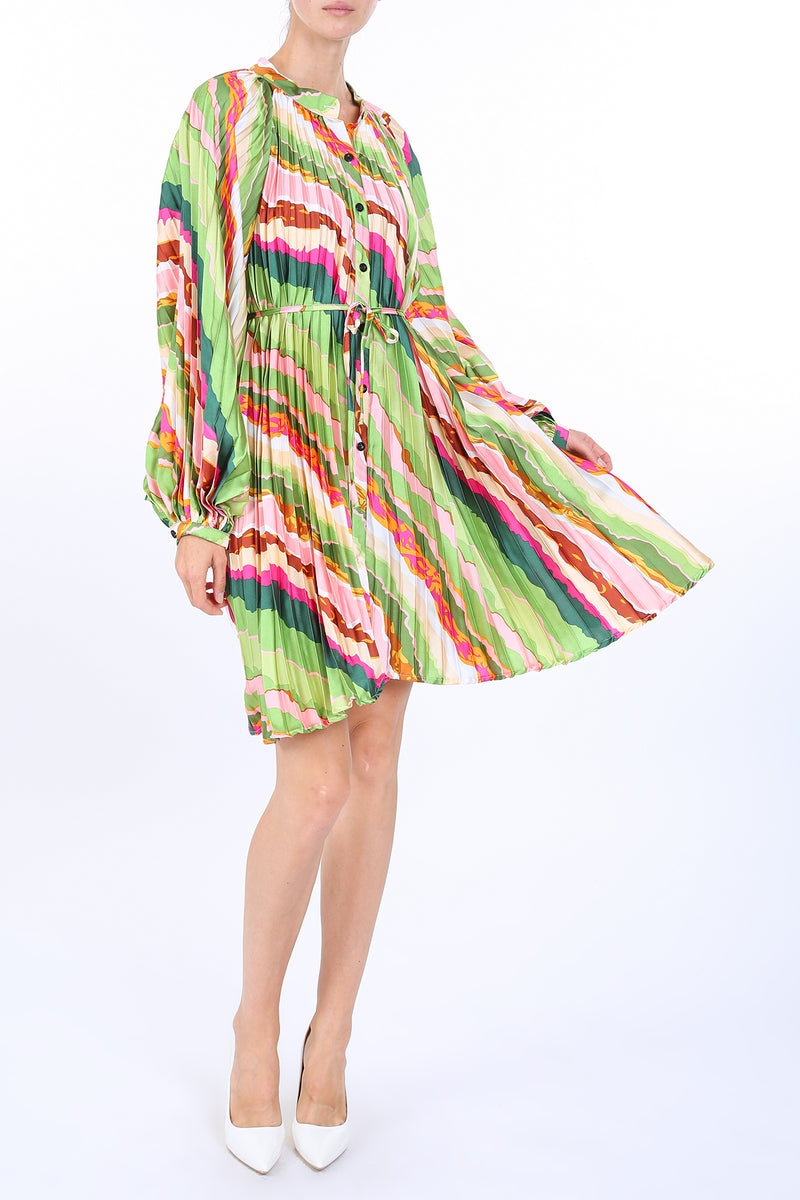 Penelope Abstract Print Pleat Belted Mini Dress