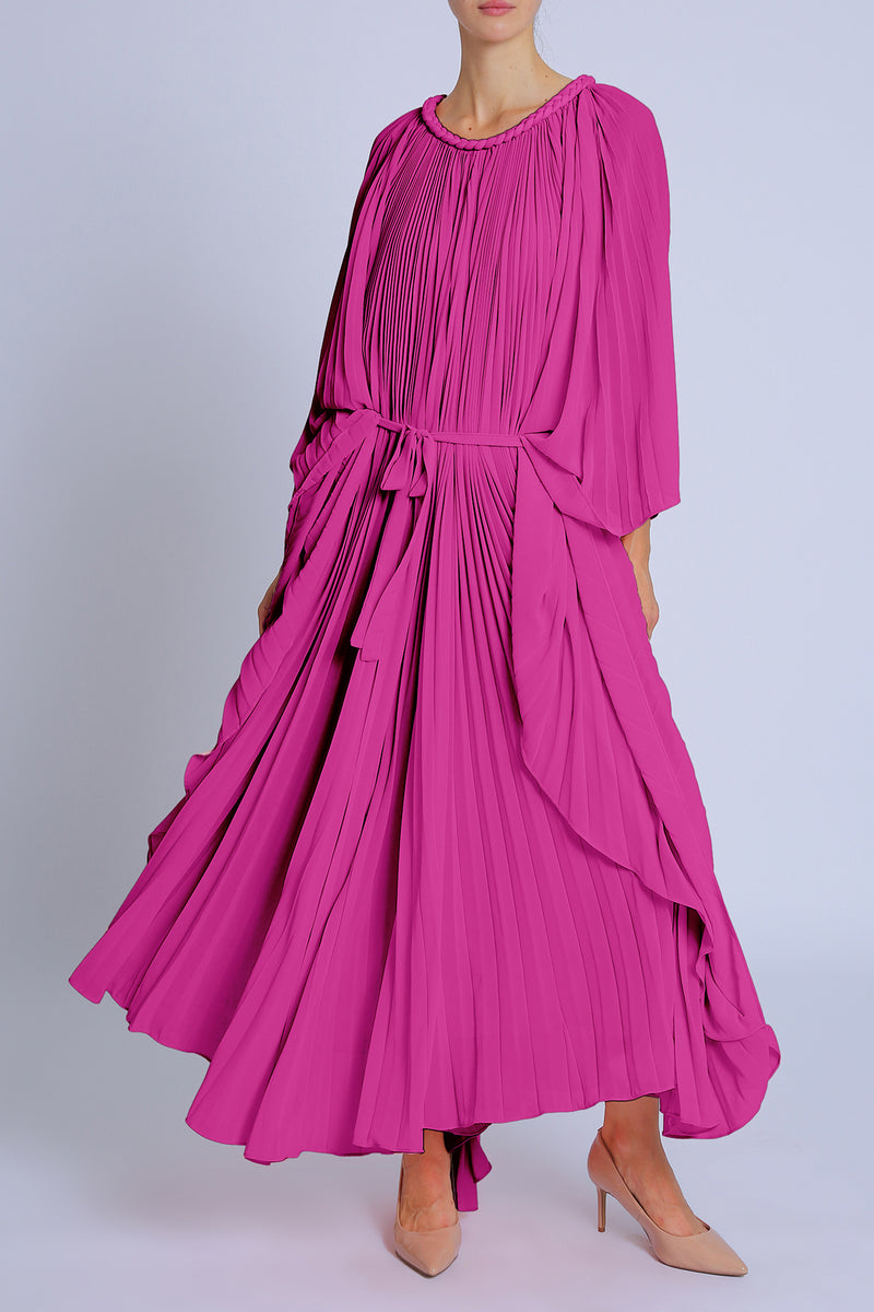 Jay Braid Trim Detail Belted Pleats Maxi Dress