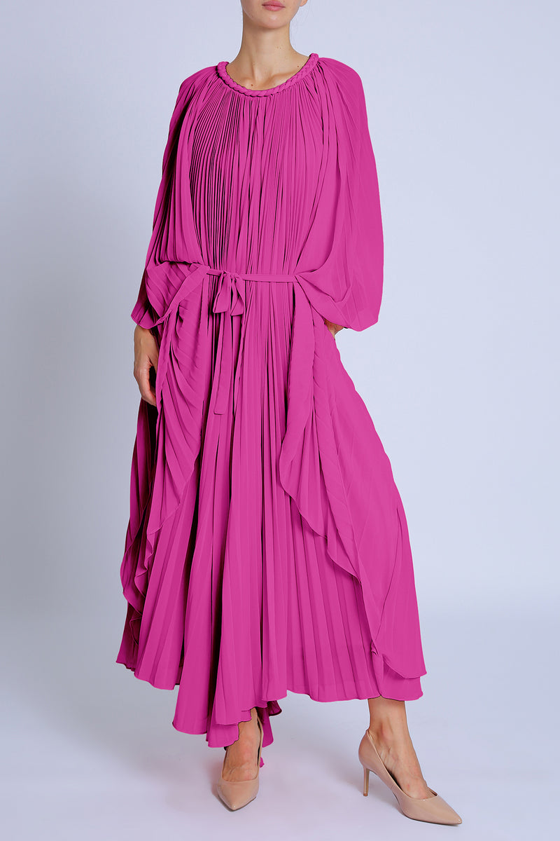 Jay Braid Trim Detail Belted Pleats Maxi Dress