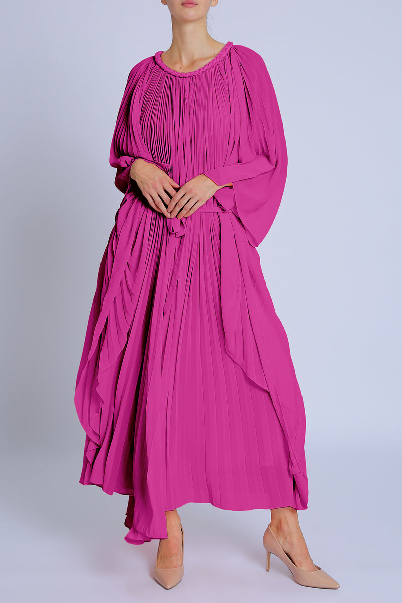 Jay Braid Trim Detail Belted Pleats Maxi Dress