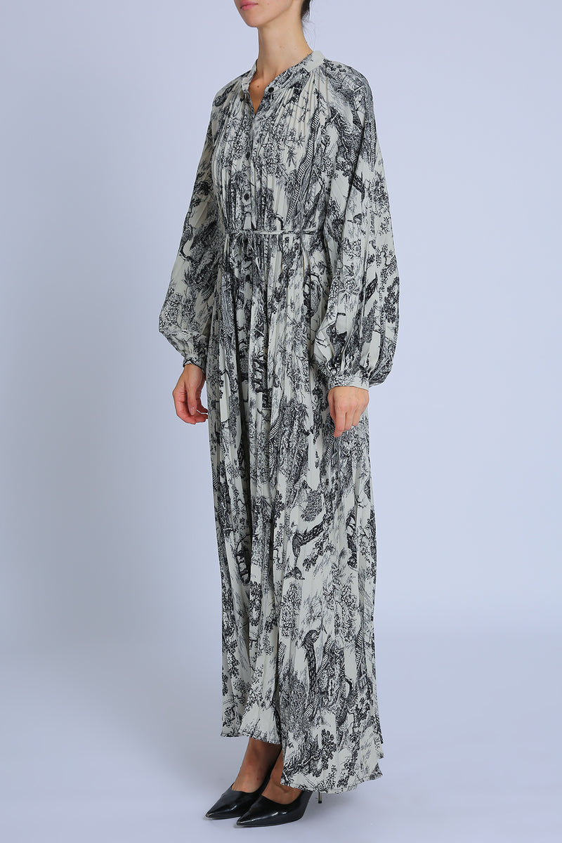 Agatha Nature Printed Pleats Belted Maxi Dress