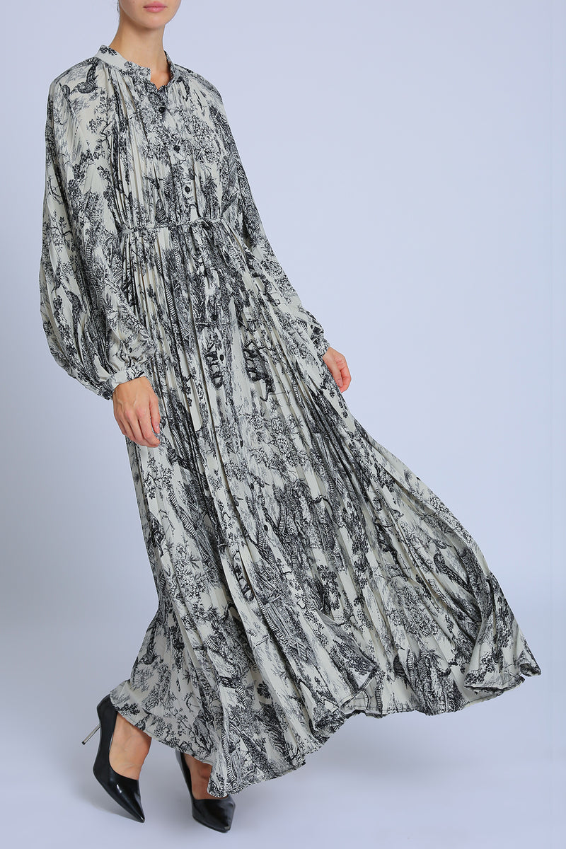 Agatha Nature Printed Pleats Belted Maxi Dress