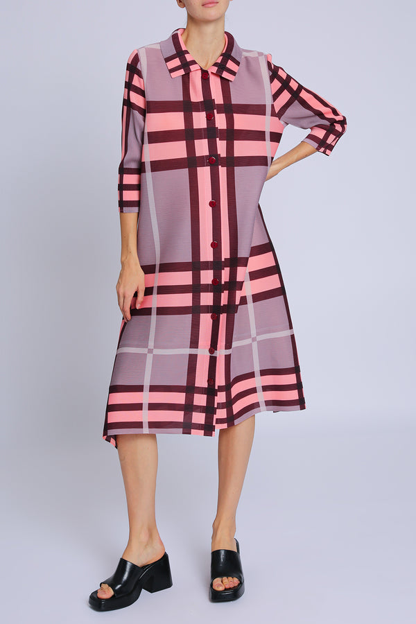 Jess Contrast Plaid Pattern Pleated Midi Shirt Dress - Shop Beulah Style