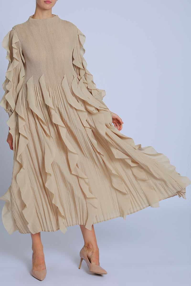 Avery Ruffled Detail Pleats Maxi Dress