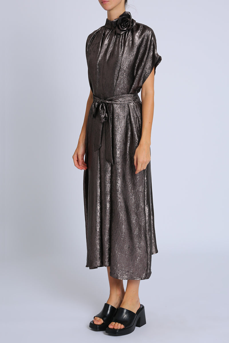 Harper Metallic Foil Coated Floral Corsage Midi Dress