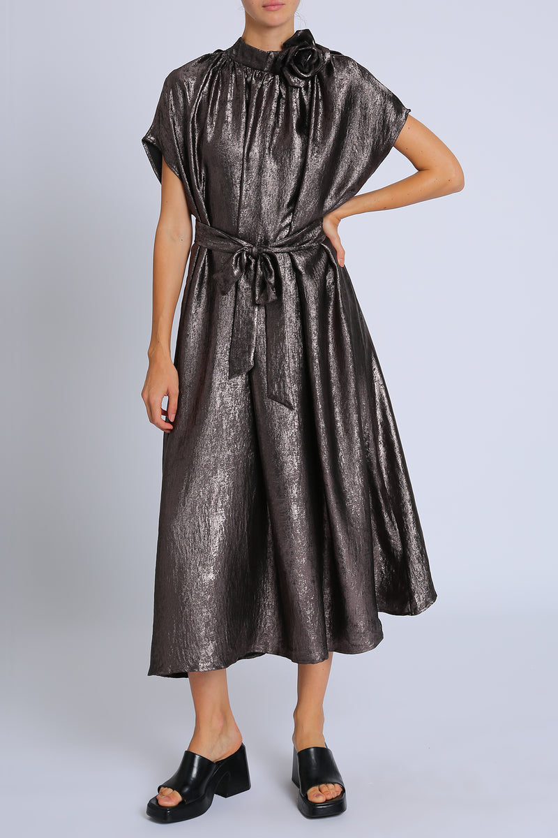 Harper Metallic Foil Coated Floral Corsage Midi Dress