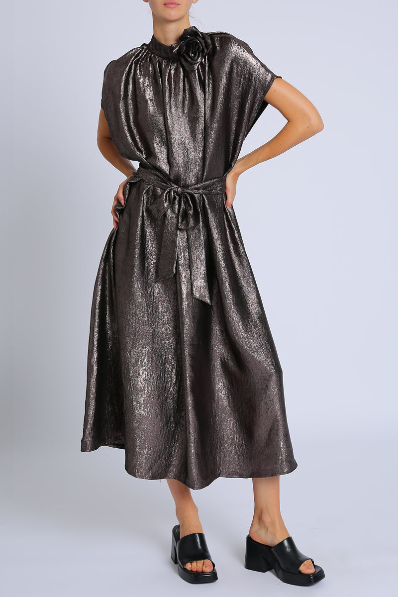 Harper Metallic Foil Coated Floral Corsage Midi Dress