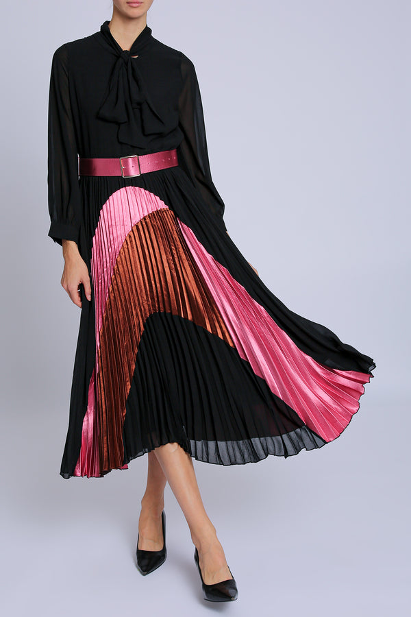 Amaya Colorblock Print Pleats Bowtie Belted Midi Dress