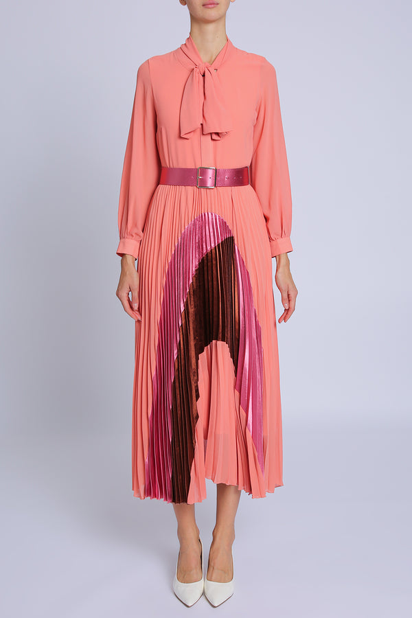 Amaya Colorblock Print Pleats Bowtie Belted Midi Dress