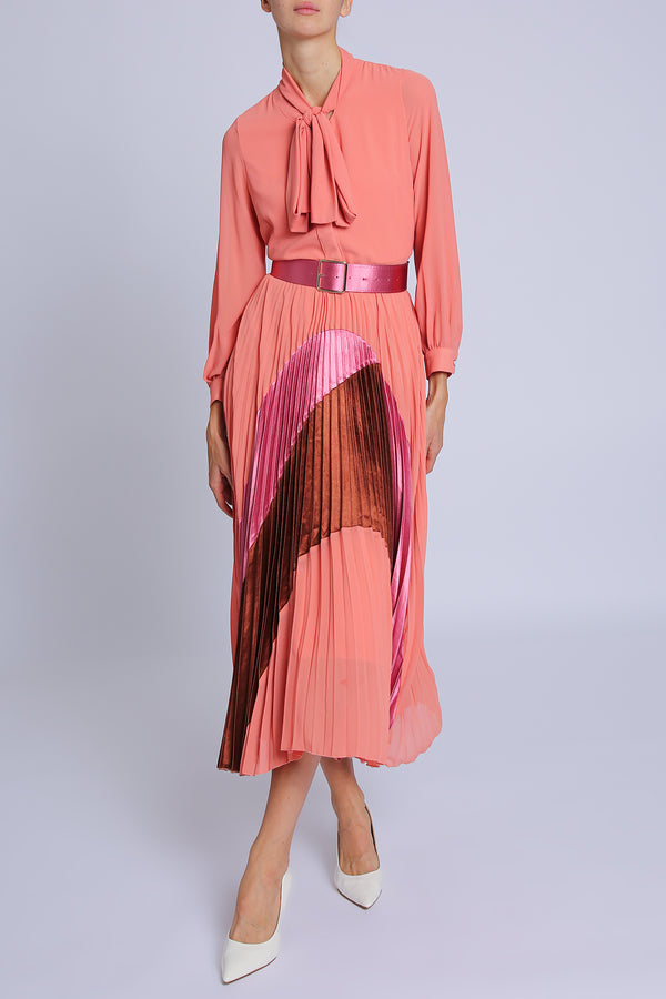 Amaya Colorblock Print Pleats Bowtie Belted Midi Dress