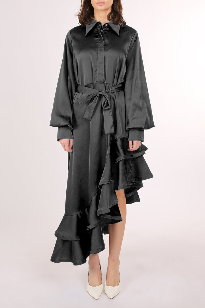 Kas Satin Belted Asymmetrical Hi-Low Hem Maxi Dress - Shop Beulah Style