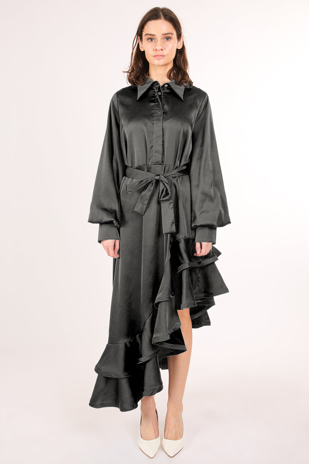 Kas Satin Belted Asymmetrical Hi-Low Hem Maxi Dress - Shop Beulah Style