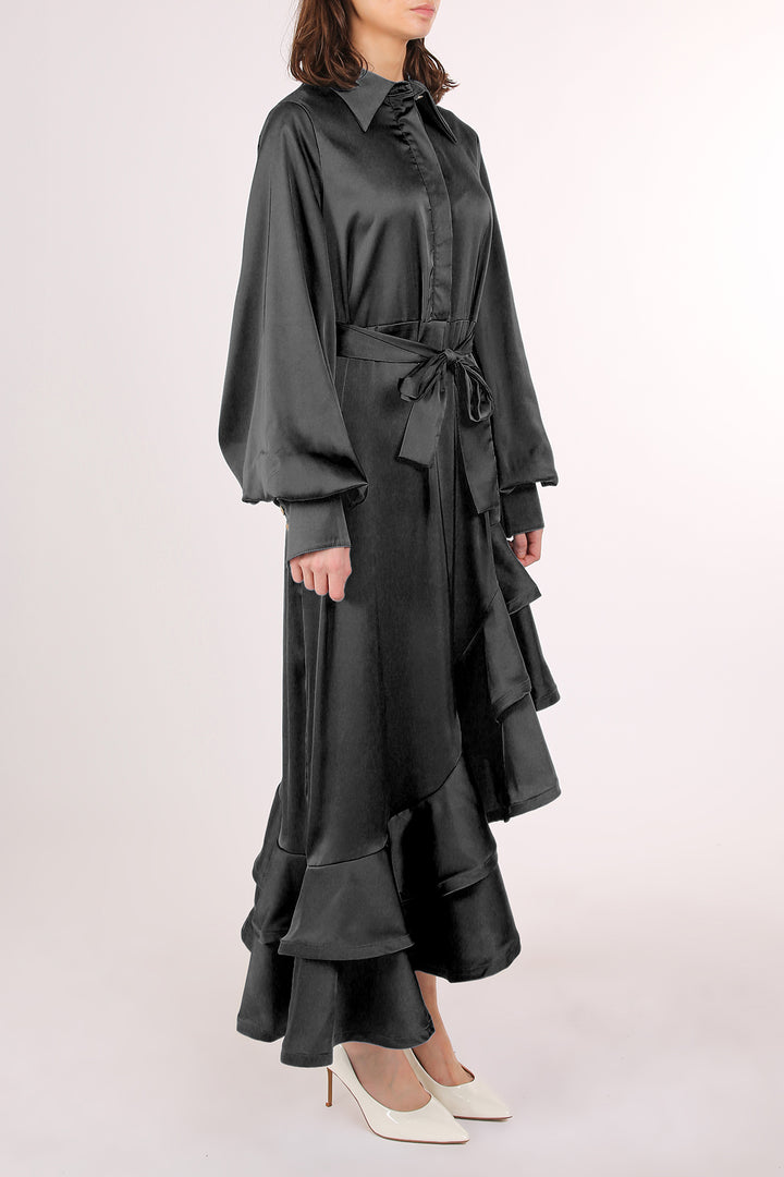 Kas Satin Belted Asymmetrical Hi-Low Hem Maxi Dress - Shop Beulah Style