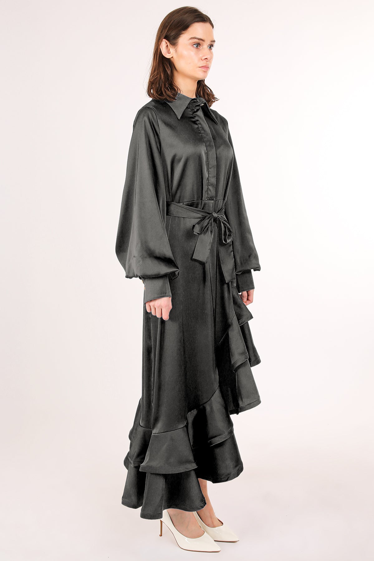 Kas Satin Belted Asymmetrical Hi-Low Hem Maxi Dress - Shop Beulah Style
