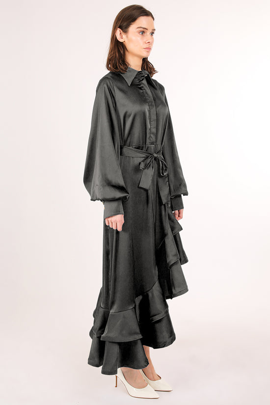 Kas Satin Belted Asymmetrical Hi-Low Hem Maxi Dress - Shop Beulah Style