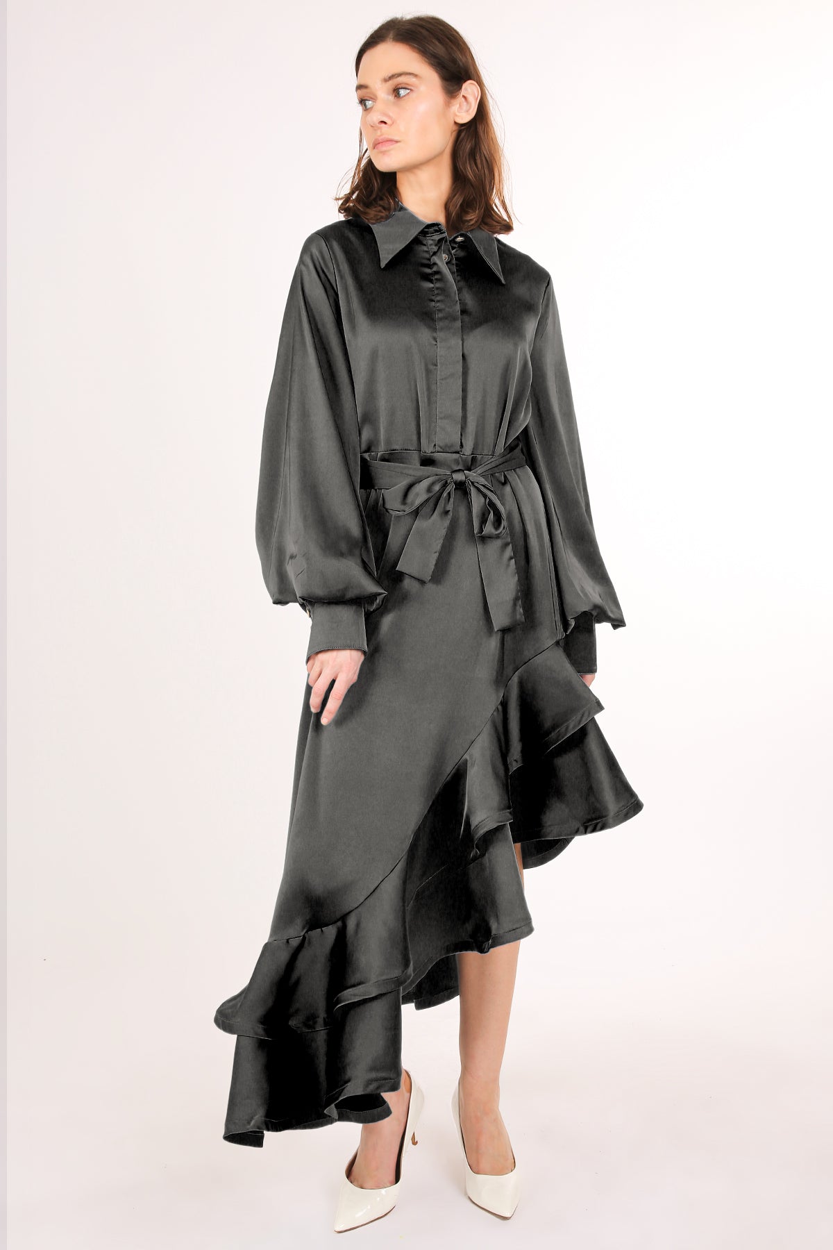 Kas Satin Belted Asymmetrical Hi-Low Hem Maxi Dress - Shop Beulah Style