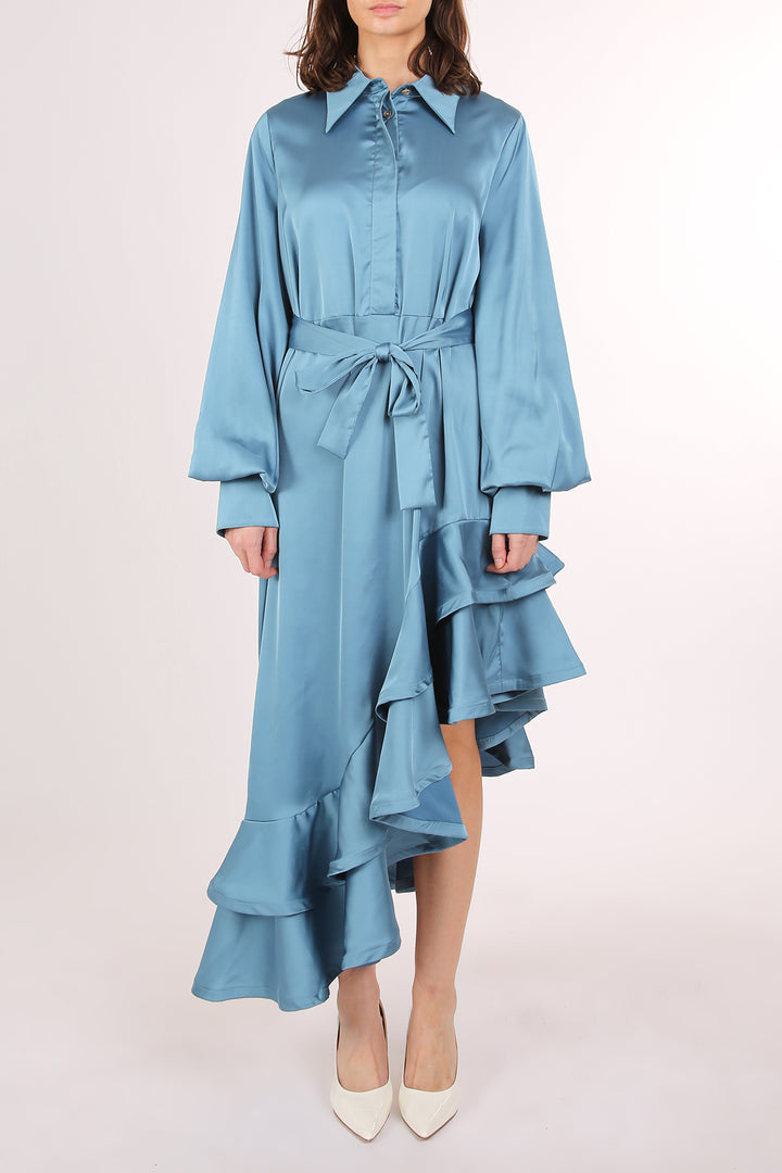 Kas Satin Belted Asymmetrical Hi-Low Hem Maxi Dress - Shop Beulah Style