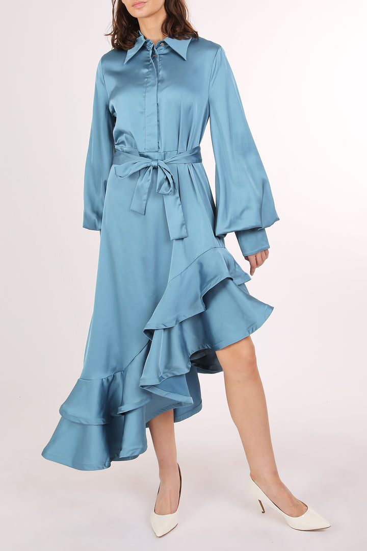 Kas Satin Belted Asymmetrical Hi-Low Hem Maxi Dress - Shop Beulah Style