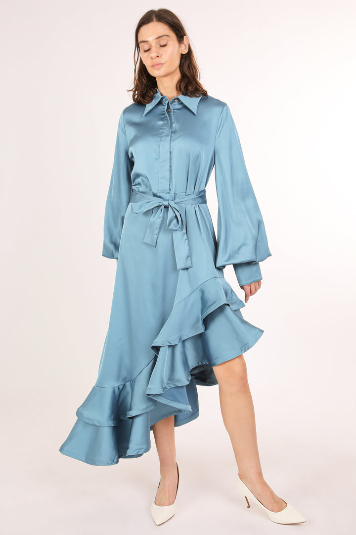 Kas Satin Belted Asymmetrical Hi-Low Hem Maxi Dress