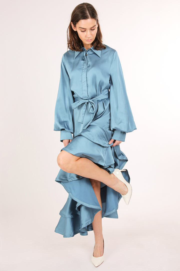 Kas Satin Belted Asymmetrical Hi-Low Hem Maxi Dress