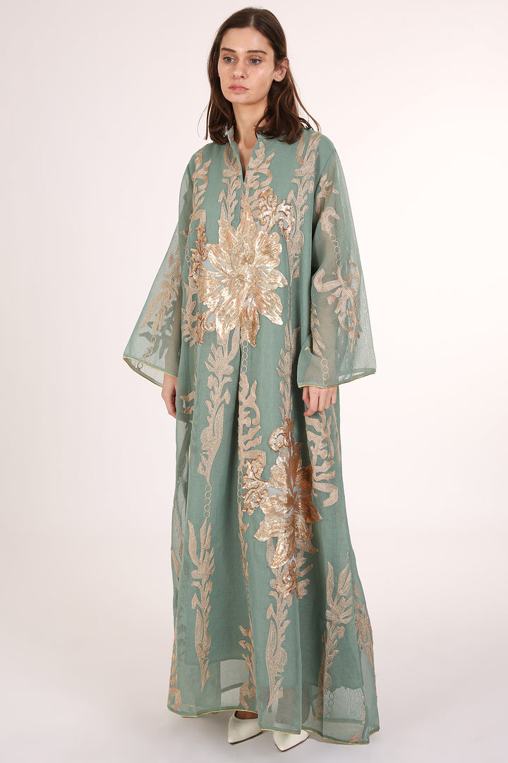 Jane Sequined Floral Embroidered Linen Gauze Maxi Dress