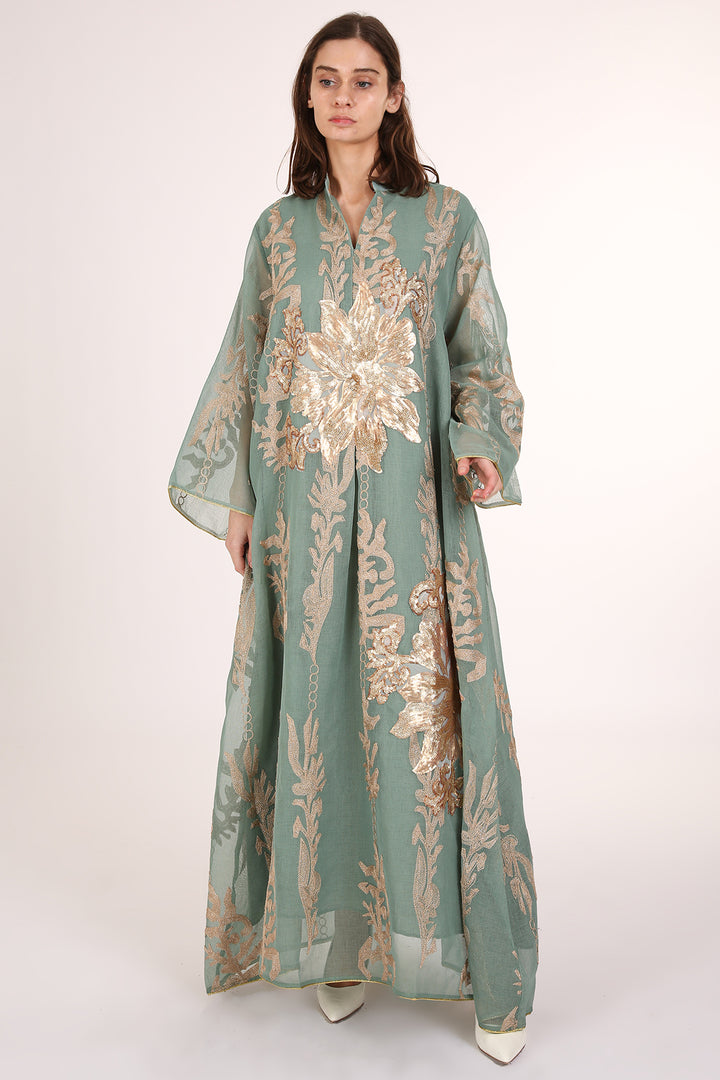 Jane Sequined Floral Embroidered Linen Gauze Maxi Dress
