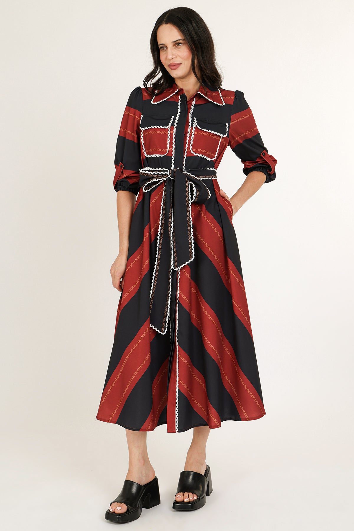 Carmine Bicolor Stripe Lace Trim Belted Maxi Shirt Dress - Shop Beulah Style