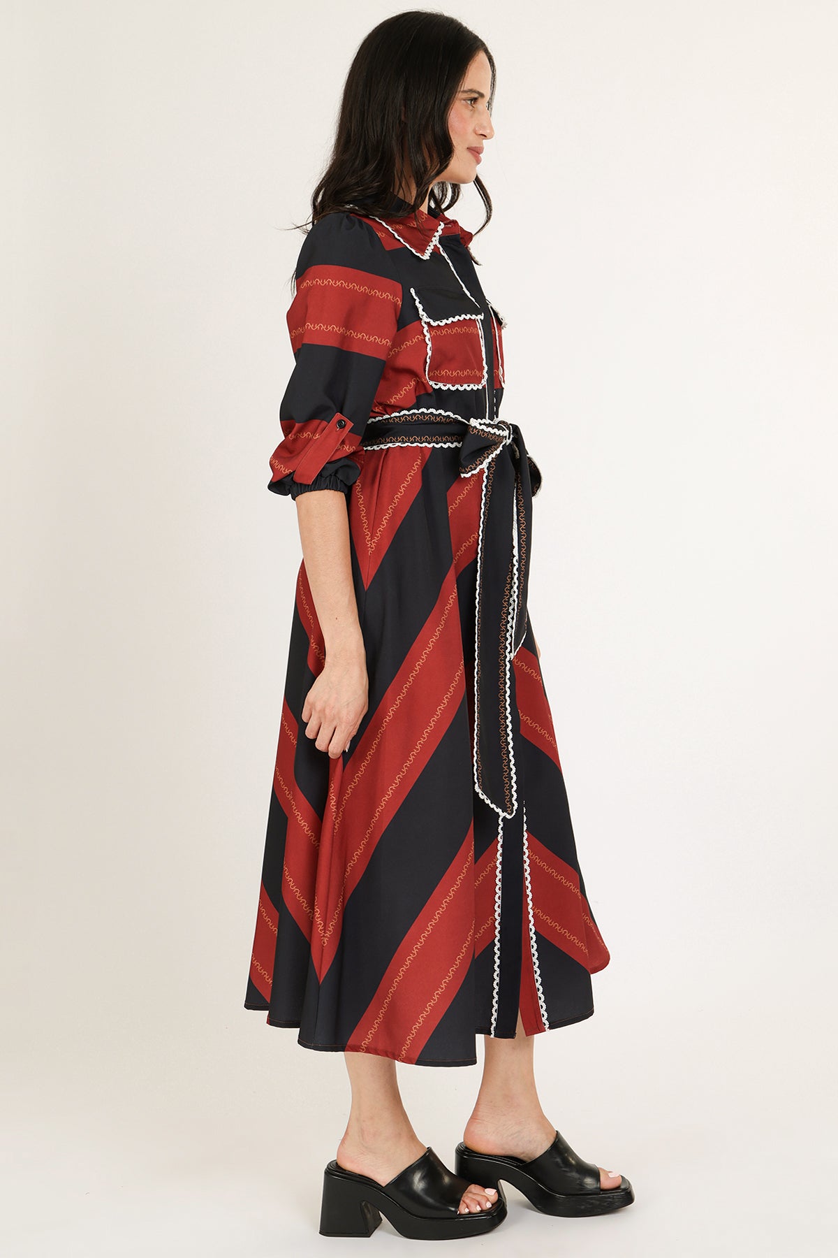 Carmine Bicolor Stripe Lace Trim Belted Maxi Shirt Dress - Shop Beulah Style