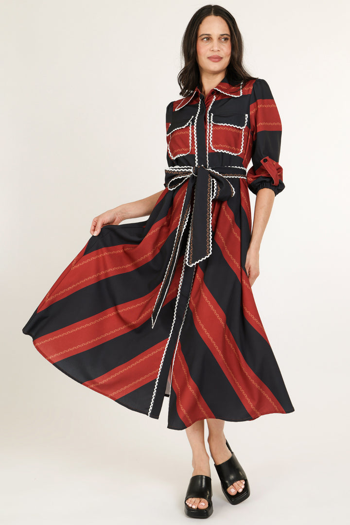 Carmine Bicolor Stripe Lace Trim Belted Maxi Shirt Dress