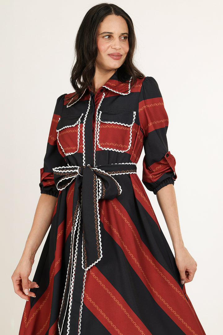 Carmine Bicolor Stripe Lace Trim Belted Maxi Shirt Dress