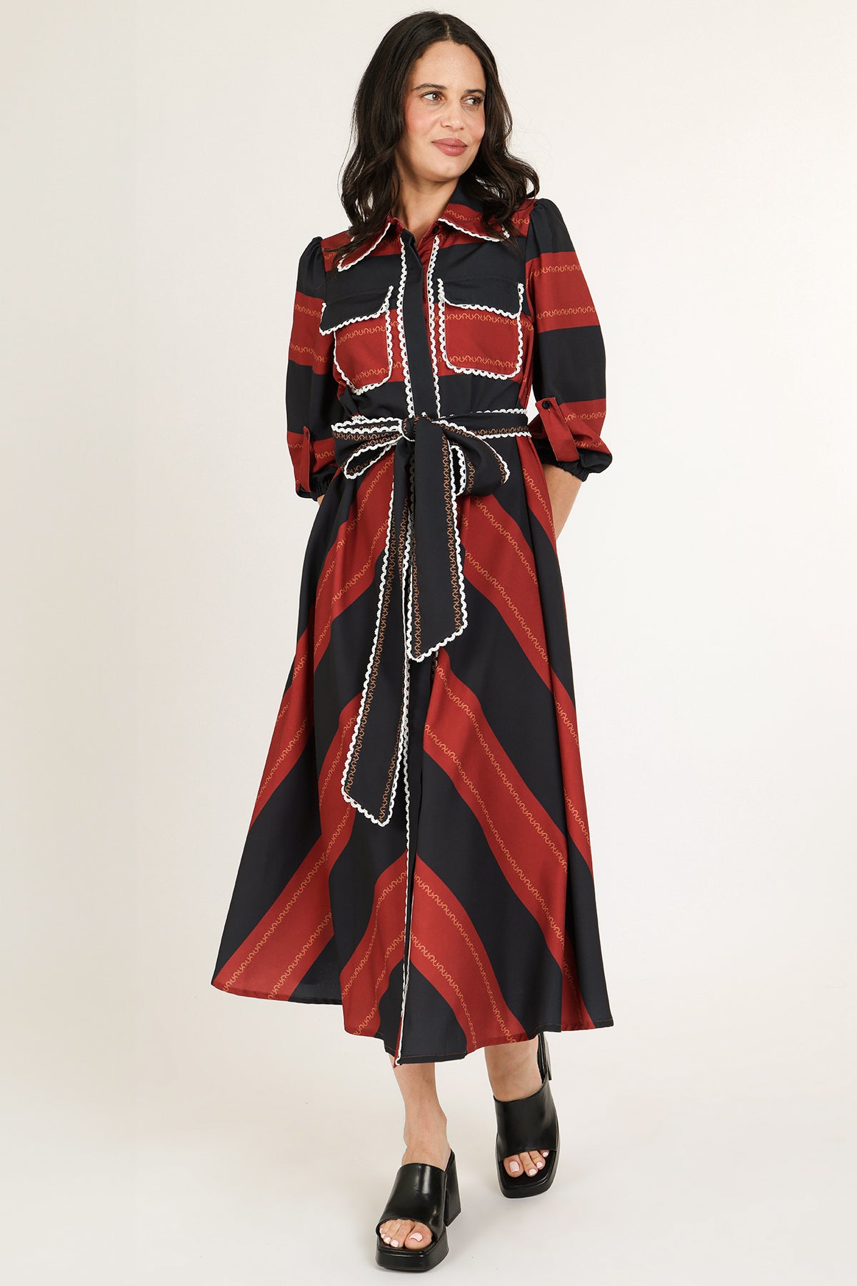 Carmine Bicolor Stripe Lace Trim Belted Maxi Shirt Dress - Shop Beulah Style