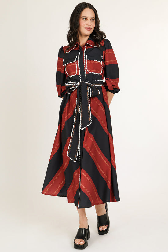 Carmine Bicolor Stripe Lace Trim Belted Maxi Shirt Dress - Shop Beulah Style