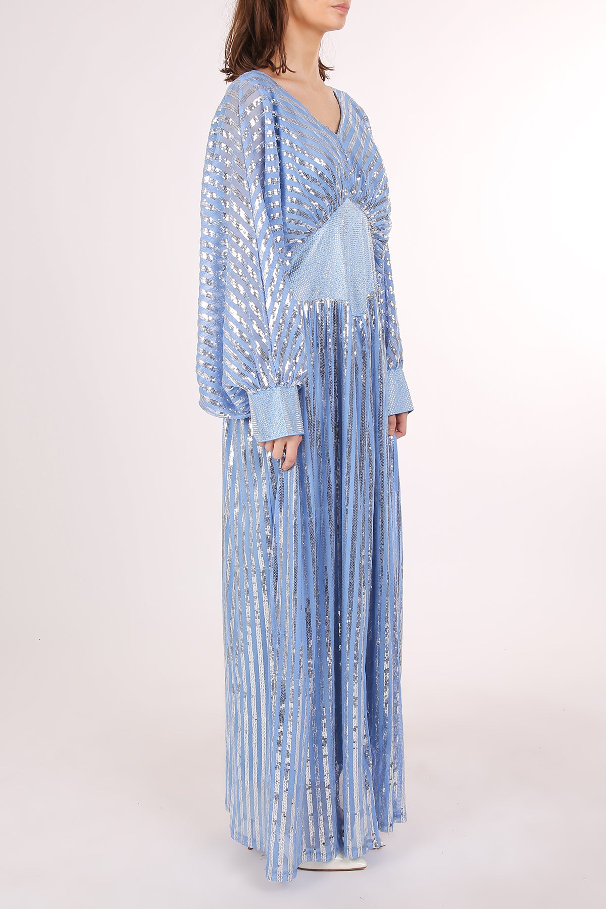 Warren Multi Embellished V-Neck Mesh Slit Maxi Dress - Shop Beulah Style