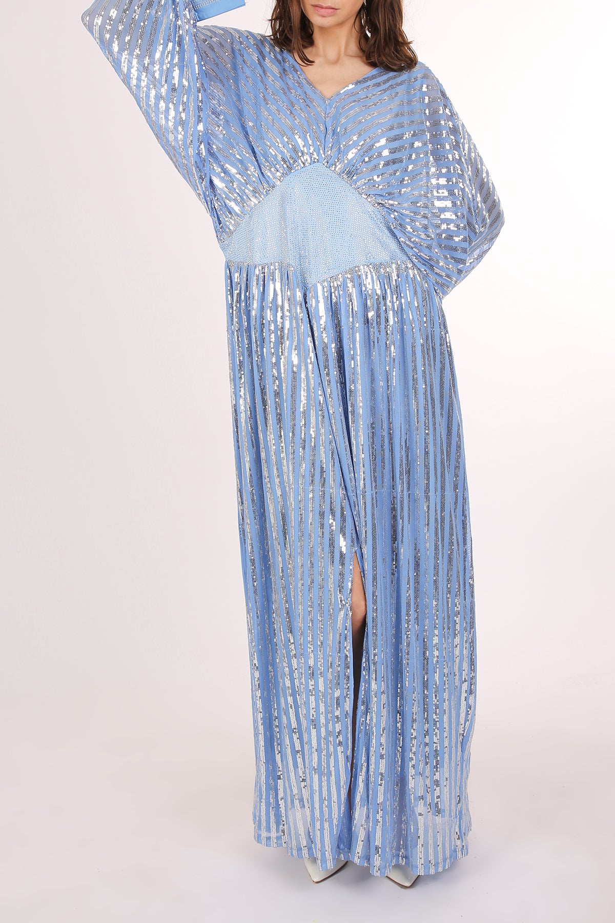 Warren Multi Embellished V-Neck Mesh Slit Maxi Dress - Shop Beulah Style
