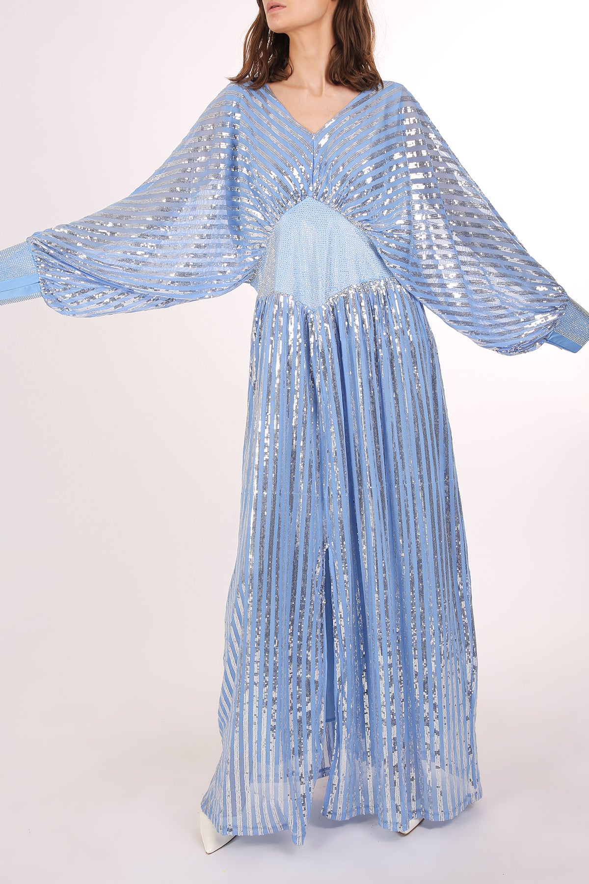 Warren Multi Embellished V-Neck Mesh Slit Maxi Dress - Shop Beulah Style