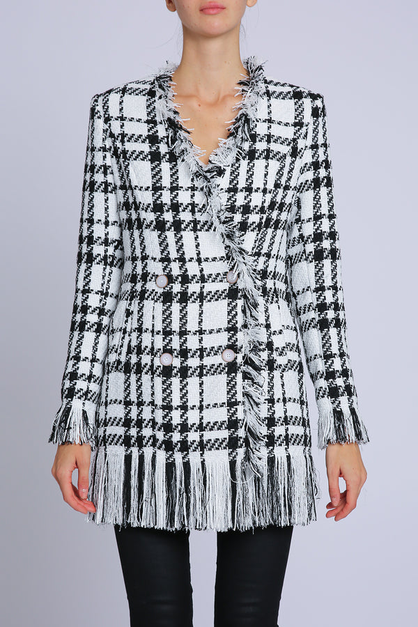 Aryan Plaid Tweed Fringe Trim Double Breasted Jacket