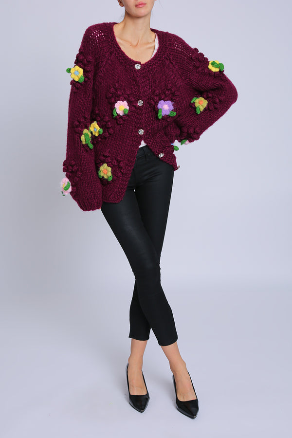 Valentino Floral Corsage & Popcorn Knit Detail Cardigan