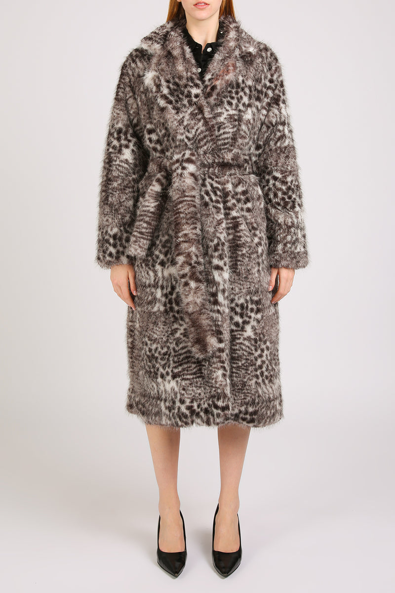 Shayla Leopard Print Belted Faux Fur Open Coat