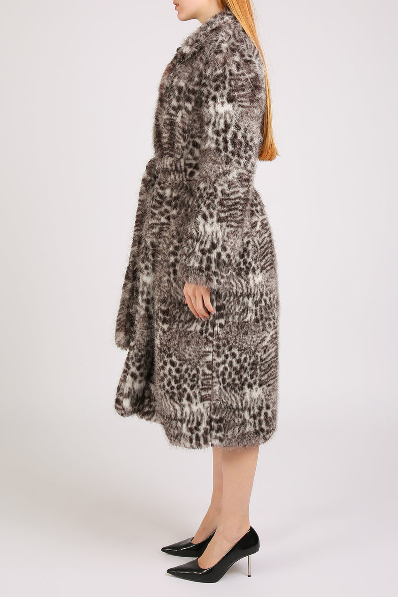 Shayla Leopard Print Belted Faux Fur Open Coat