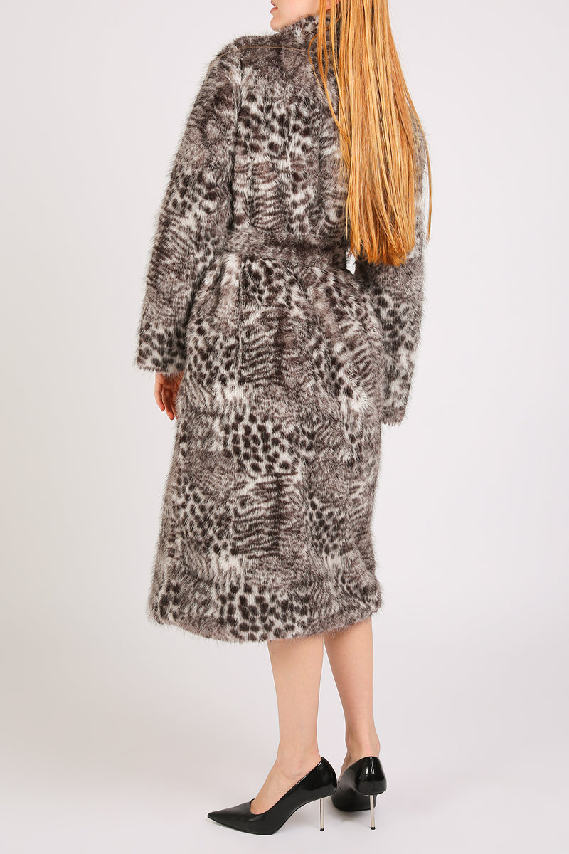 Shayla Leopard Print Belted Faux Fur Open Coat