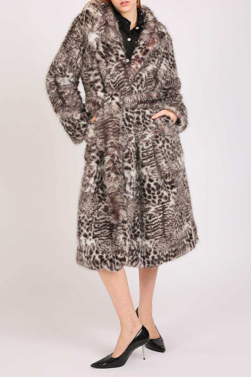 Shayla Leopard Print Belted Faux Fur Open Coat