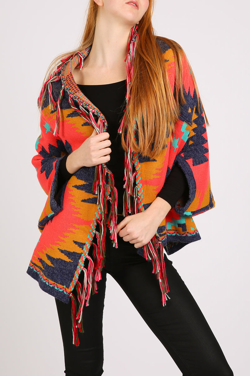 Bella Abstract Geometric Print Fringed Open Shawl Cape