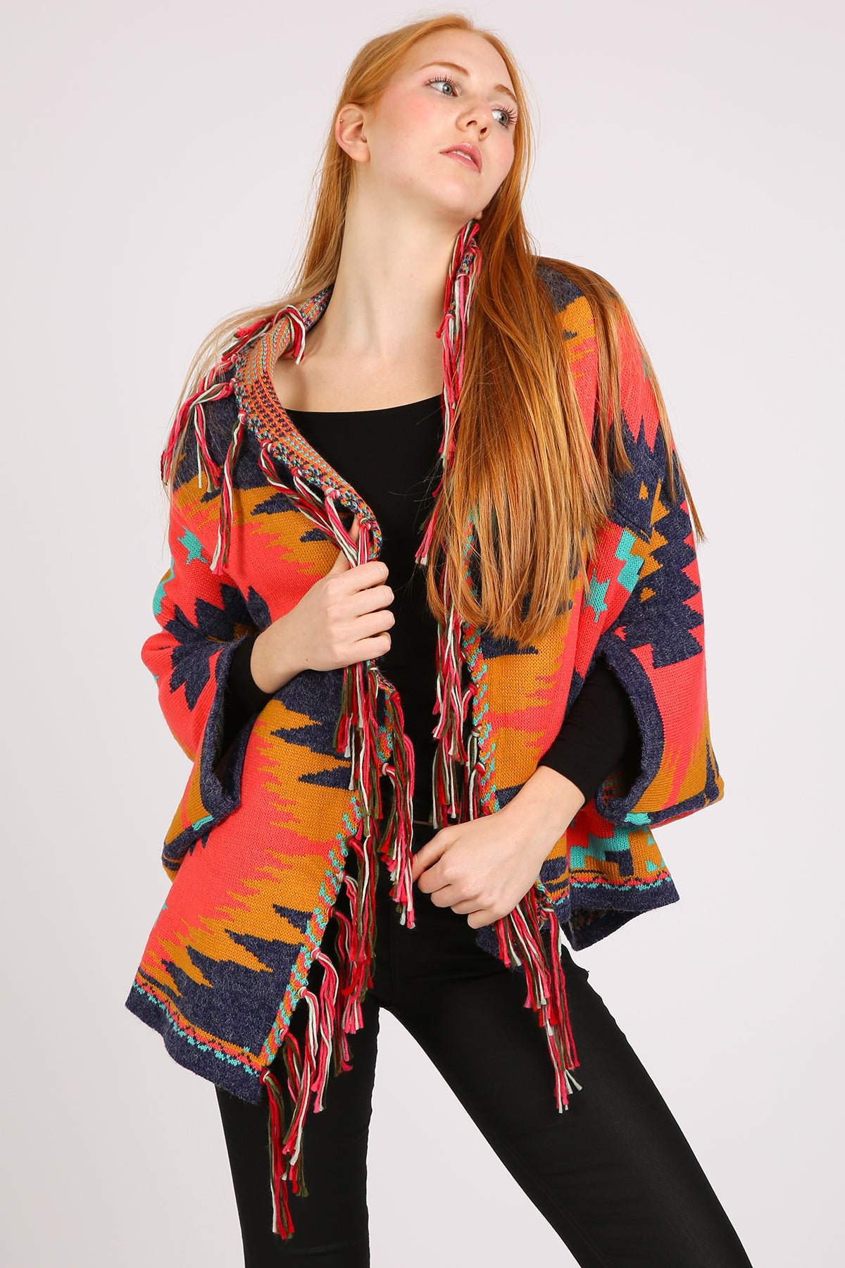 Bella Abstract Geometric Print Fringed Open Shawl Cape - Shop Beulah Style
