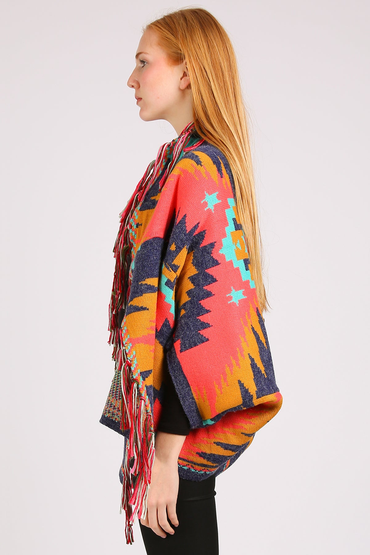 Bella Abstract Geometric Print Fringed Open Shawl Cape - Shop Beulah Style