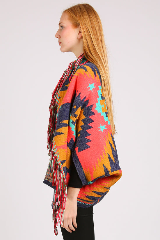 Bella Abstract Geometric Print Fringed Open Shawl Cape - Shop Beulah Style