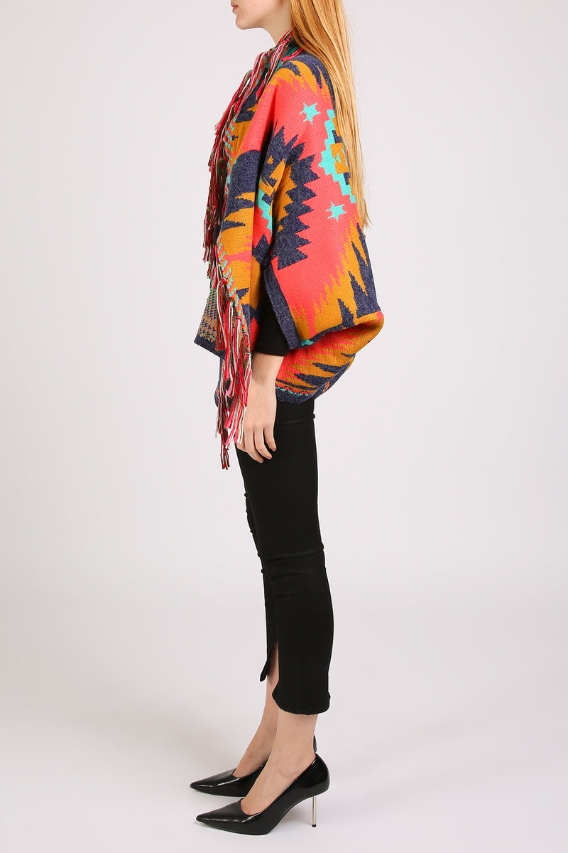 Bella Abstract Geometric Print Fringed Open Shawl Cape